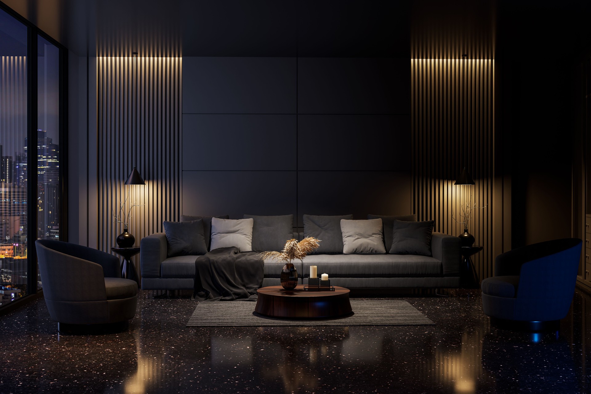 Modern style luxury black living room with city view in the night 3d render